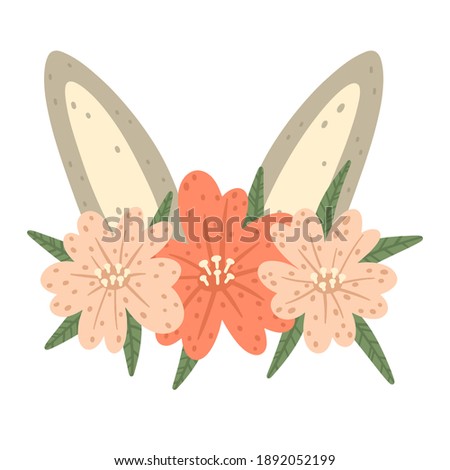 Cute bunny ears with flowers clip art element isolated on white background for print and design. Hand drawn Scandinavian style vector illustration.