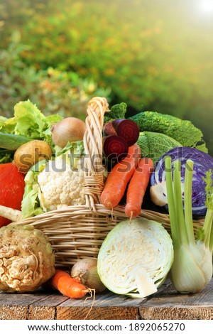 various winter vegetables in basket, vertical