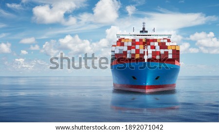 Front view from bow of a large blue shipping container ship in the ocean. Royalty-Free Stock Photo #1892071042