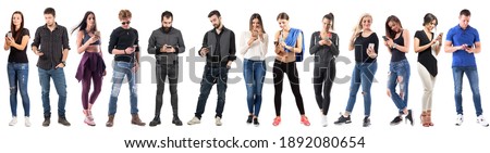 Group of casual people using cell phones full body isolated on white background.  Royalty-Free Stock Photo #1892080654