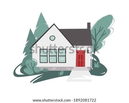 Hand Drawn Cartoon House in Garden Background. Flat style illustration Cozy Home. Little Cottage Drawing. Creative Digital  Art Work