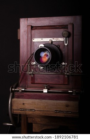 large beautiful wooden large format camera, photo for advertising
