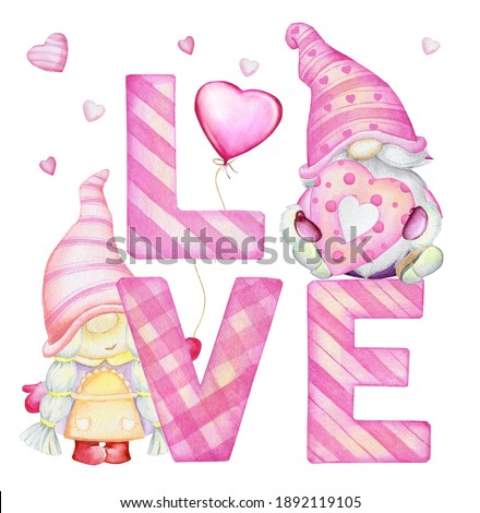 Cute gnomes, letters, hearts. Watercolor clip art, in cartoon style, on an isolated background, for the holiday, Valentine's Day.