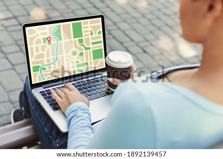 Online Maps. Woman Using Laptop With Opened GPS Satellite Navigation Website While Sitting With Coffee Outdoors, Unrecognizable Female Tourist Checking Routes And Geo Location, Creative Collage