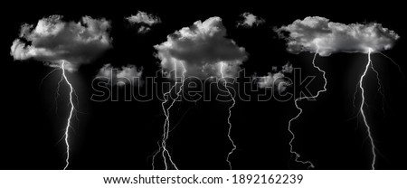 Clouds with lightning isolated on black background. Concept on topic weather, cataclysms (hurricane, Typhoon, tornado, storm).


