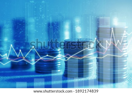 Financial investment concept, Double exposure of stack of coins and city for finance investor, Forex trading market candlestick chart, Cryptocurrency Digital economy. investing growing.economy trends  Royalty-Free Stock Photo #1892174839