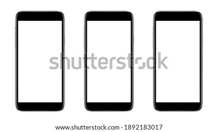 Mobile phone with round edges in Black color, with blank white screen for Infographic Global Business web site design app. Concept technology Smartphone - include clipping pat.