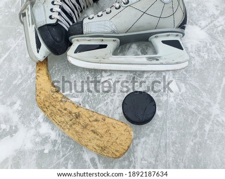On the ice the attributes of a hockey player. Skates, hockey stick, puck.