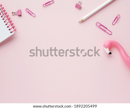 Pink feminine workspace, styled stock photo desk flatly, background for bloggers, empty space for text.	
  