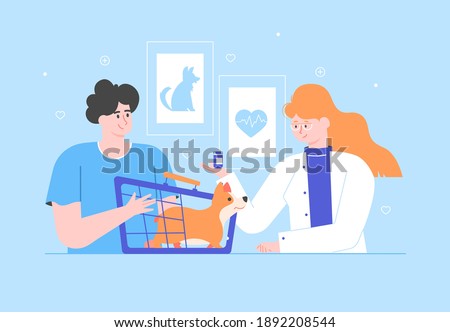 The pet owner brought his cute Welsh Corgi to the vet's appointment. A nice girl doctor  veterinarian conducts diagnostics in her office. Vector flat illustration.