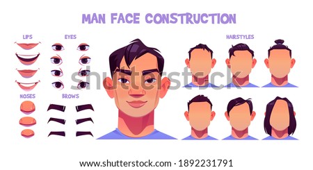 Asian man face construction, avatar creation with head parts isolated onwhite background. Vector cartoon set of male character eyes, noses, hairstyles, brows and lips. Skin pack for face generator Royalty-Free Stock Photo #1892231791