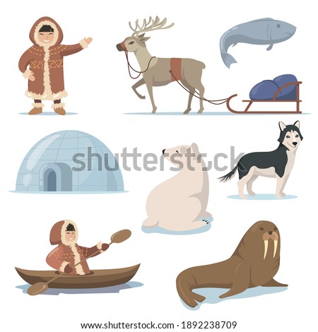 Alaska elements and happy Inuits flat set for web design. Cartoon Eskimo characters in traditional clothing and arctic animals isolated vector illustration collection. Life in far north concept Royalty-Free Stock Photo #1892238709