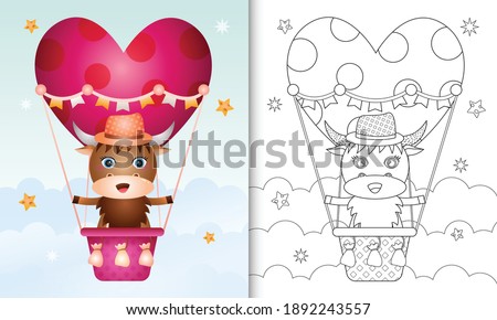 coloring book for kids with a cute buffalo male on hot air balloon love themed valentine day