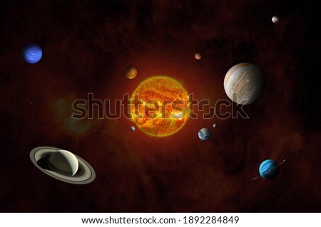 Sun and solar system planets. Mercury, Venus, Earth, Mars, Jupiter, Saturn, Uranus, Neptune, Pluto and Sun (non scale). High resolution images. Elements of this image furnished by NASA. 