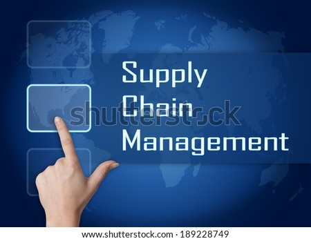 Supply Chain Management concept with interface and world map on blue background