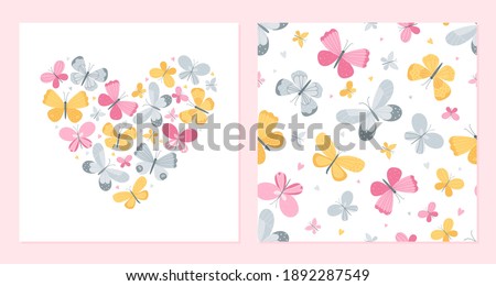 Heart from multicolored butterflies and seamless background. Valentine's day postcard template.