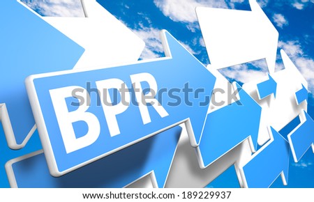 Business Process Reengineering 3d render concept with blue and white arrows flying in a blue sky with clouds