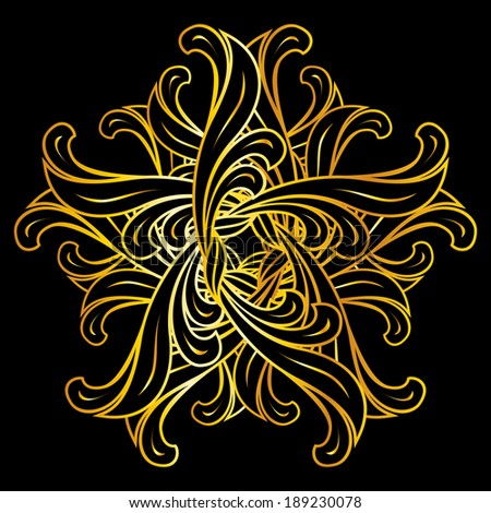 Abstract floral design element in golden colors on black background