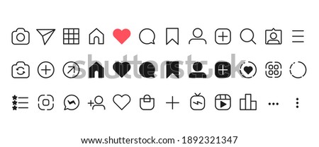 Social networking icon set. Like, comment, send, saved, statistics and other icon. Outline and black vector illustration Royalty-Free Stock Photo #1892321347