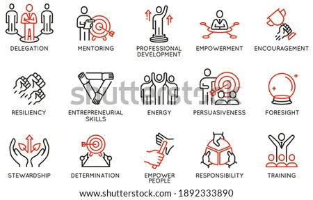 Vector Set of Linear Icons Related to Leadership Traits, Qualities for Success. Development and Teamwork. Mono Line Pictograms and Infographics Design Elements - part 3