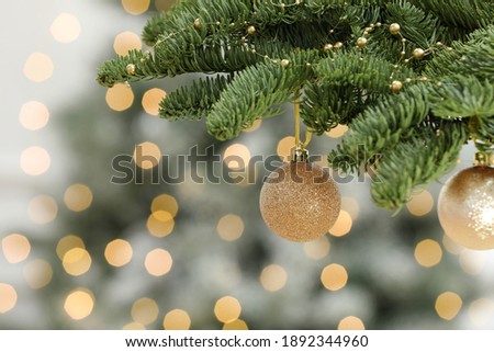 Golden Christmas balls hanging on fir tree against blurred festive lights