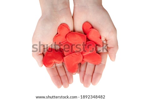 girl in her hands holding red hearts on an isolated white background. Valentine's Day. Love for people.