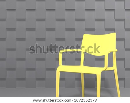 Trendy colors of the year 2021 Illuminating and Ultimate gray. Yellow designer chair against background of volumetric gray wall with squares Creative minimalistic layout with single piece of furniture