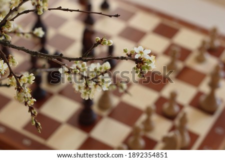 Branch in blossom. Chess board background. Chess pieces. Plum. 