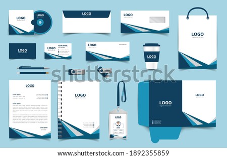 Corporate Brand Identity Mockup set with digital elements. Classic full stationery template design. Editable vector illustration: Business card, Bag, Id card, envelope, cup, letterhead, pen etc. Royalty-Free Stock Photo #1892355859