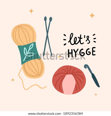 Greeting cards with knitting and crochet. Hygge style. Vector hand drawn illustrations.