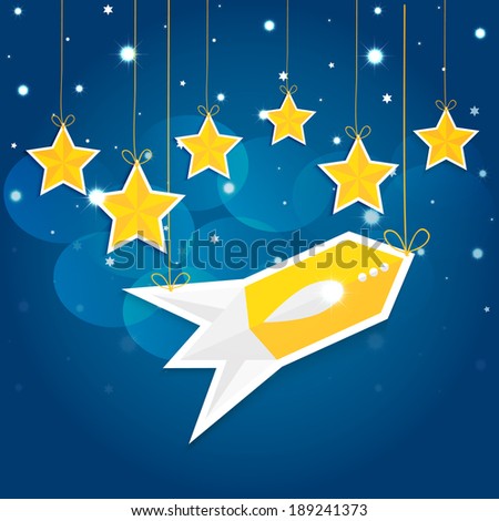Cartoon stars and rocket in the night sky.