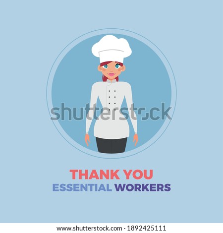Chef woman blue thanks essential workers logo - Vector