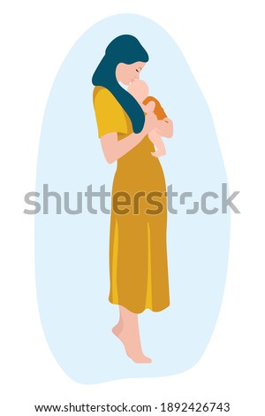 Vector Illustration of young mother holding newborn baby in arms. The woman smiles and hugs her baby. Touching portrait. Vector modern cute illustration in flat style