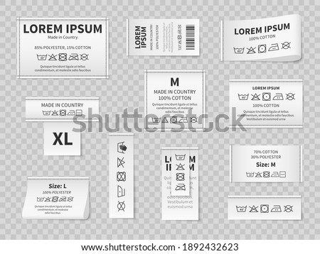 Laundry white labels. Textile care instructions tags, cotton clothes washing, drying or bleaching, water temperature and material information vector realistic isolated on transparent background mockup Royalty-Free Stock Photo #1892432623