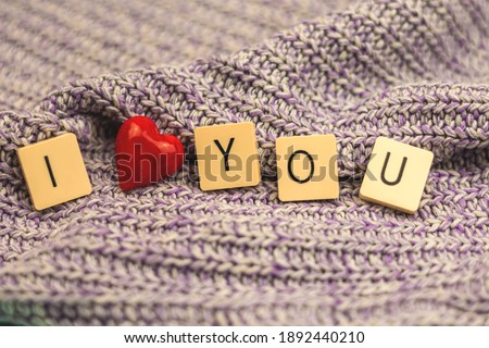 I love you composition with words, Valentine's Day theme or concept on background of knitted sweater, red heart copy space photo
