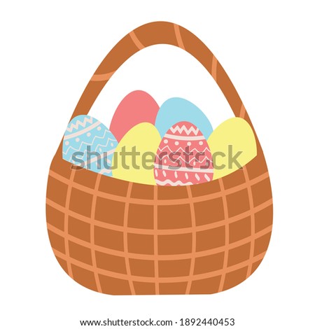 Vector flat basket with Easter eggs isolated on white background.