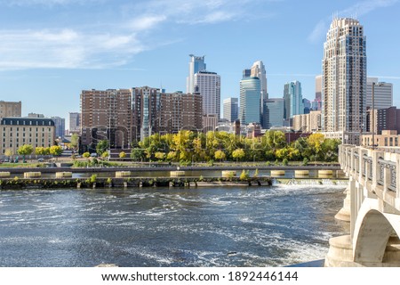 Beautiful Downtown Minneapolis MN, overlooking Mississippi River Royalty-Free Stock Photo #1892446144