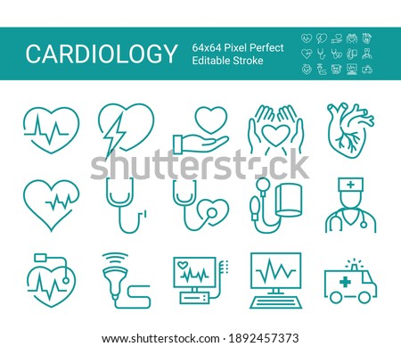 Set of icons of cardiology. Vector icon as ecg, doctor, pacemaker, heartbeat, heart outline pictogram. Editable vector stroke. 64x64 Pixel Perfect. Royalty-Free Stock Photo #1892457373