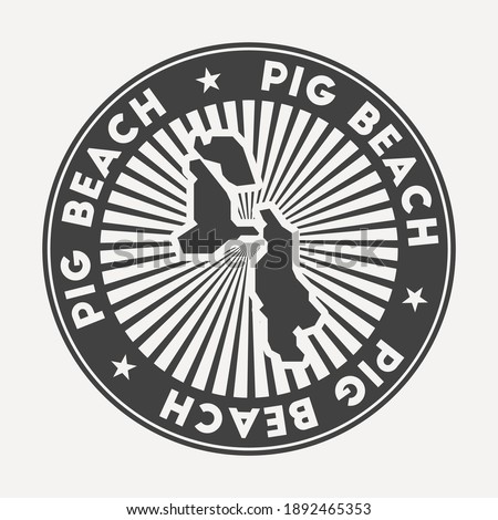 Pig Beach round logo. Vintage travel badge with the circular name and map of island, vector illustration. Can be used as insignia, logotype, label, sticker or badge of the Pig Beach.