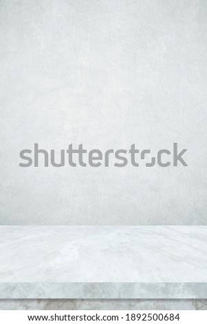 Vertical marble table surface background, White stone table top for kitchen product display background, Empty desk, shelf, counter and white wall for food and store backdrop, template