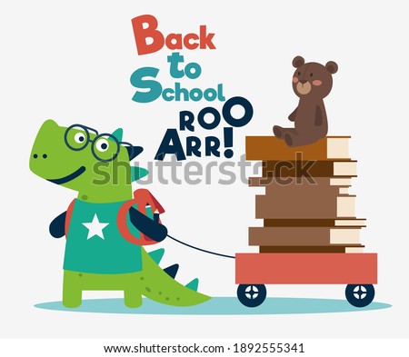 Funny dinosaur with wagon cart and books