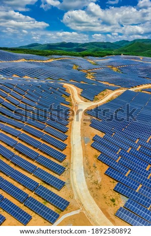 Aerial view of Solar panel, photovoltaic, alternative electricity source - concept of sustainable resources on a sunny day, Xuan Tho, Song Cau, Phu Yen, Vietnam