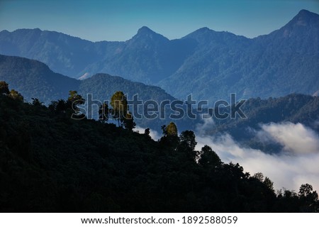 Scenic view of Green mountain and mist in morning time, Natural winter landscape in north Thailand
