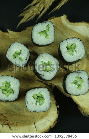 Various kinds of sushi served, close-up view
