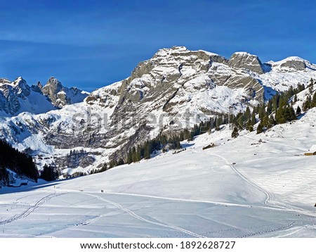 Ice winter atmosphere with fresh snow on the alpine peaks Schwarzchopf, Stoss and Silberplatten in Alpstein mountain range and in Appenzell Alps massif - Canton of St. Gallen, Switzerland (Schweiz)