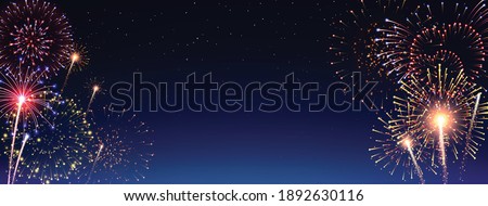 Pyrotechnics and fireworks banner with holiday celebration symbols realistic vector illustration Royalty-Free Stock Photo #1892630116