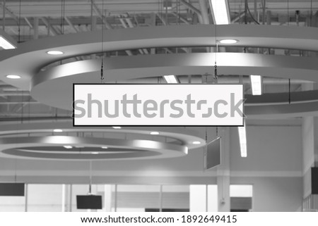 Blank White Supermarket Banners Hanging From Ceiling. Hangers Mockup Ready For Branding Or Advertising