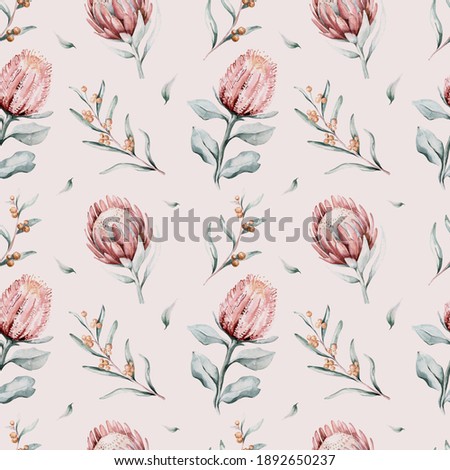 Protea seamless pattern flower. watercolor tropical leaves, hand painted illustration of exotic floral elements background, can be used for greeting cards and invitations.