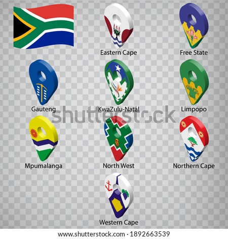Nine  flags the Provinces of South Africa -  alphabetical order with name.  Set of 3d geolocation signs like flags Provinces of South Africa.  Nine one 3d geolocation signs for your design. EPS10
