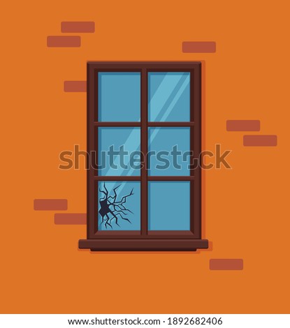 Window broken with cracked glass vector illustration. Cartoon window on brick wall building facade design element